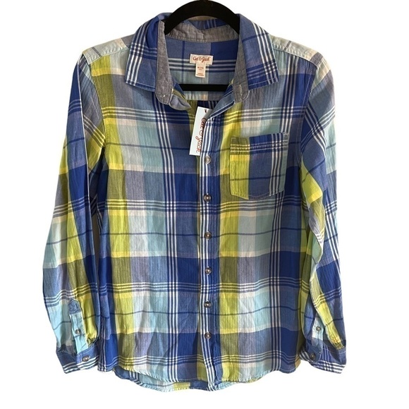 NWT Boys CAT & JACK Button Shirt-XLarge blue yellow Plaid - Picture 1 of 8